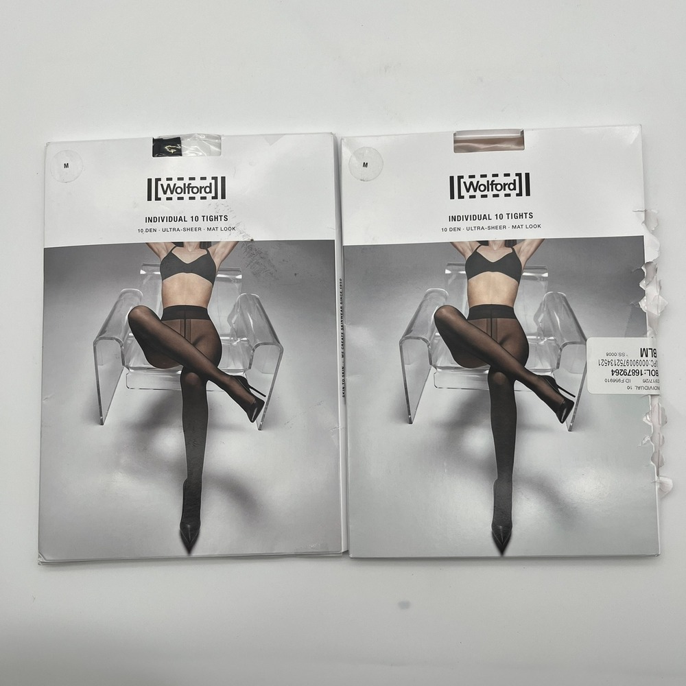 Wolford Tights Womens M‎ Black & Fairly Light Individual 10 Ultra Sheer Mat 2 Pk
